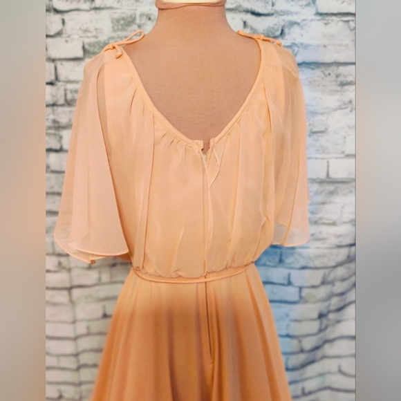 Vintage 70s melon Maxi Dress chiffon cape Super full   skirt shoulder ties SM - Picture 8 of 12